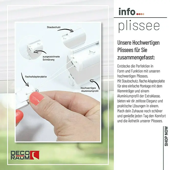 Deco-Raum Plissee ohne Bohren Basic - B x H: 120 x 150 cm, Weiß - Detailansicht eines hochwertigen Plissees mit Staubschutz, flacher Adapterplatte und Aluminiumprofil für zeitlose Eleganz und Komfort.