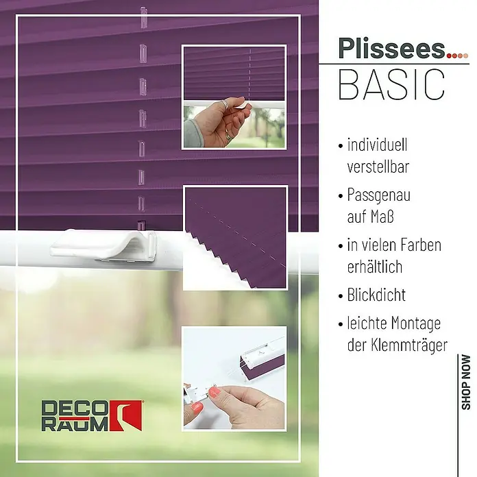 Deco-Raum Plissee ohne Bohren Basic - B x H: 95 x 150 cm, Lila - Lila Plissee-Faltstore BASIC für Fenster und Türen, individuell verstellbar und blickdicht. Einfache Montage mit Klemmträgern.