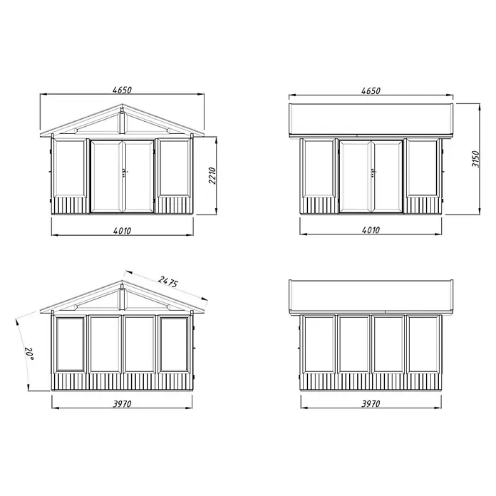Palmako Gartenhaus Isabella - Außenmaß inkl. Dachüberstand (B x T): 465 x 465 cm, Tauchgrundiertes Holz, Grau - Technische Zeichnung eines Gartenhauses mit Maßen für Planung/Bau.