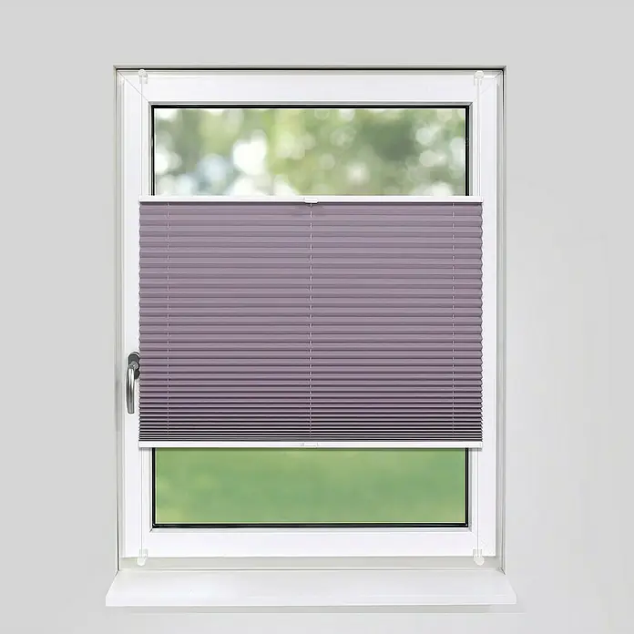 Deco-Raum Plissee ohne Bohren Basic - B x H: 80 x 210 cm, Flieder - Fenster mit violetten Faltrollos, die eine elegante und funktionale Fensterdekoration bieten.\n