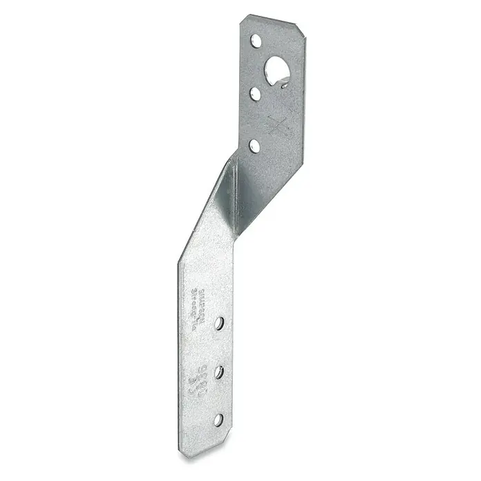 Simpson Strong-Tie Pfettenanker PFU - Rechts, 10 Löcher, 250 x 30 mm - Das Bild zeigt einen Winkelverbinder aus Metall mit Löchern, verwendet für Holzkonstruktionen, auf einem schwarzen Hintergrund.