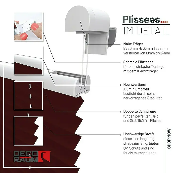 Deco-Raum Plissee ohne Bohren Basic - B x H: 95 x 150 cm, Weinrot - Detailaufnahme eines Plissees mit Beschriftungen zu Trägermaßen, Montage, Aluminiumprofil, Schnürung und Stoffqualität.