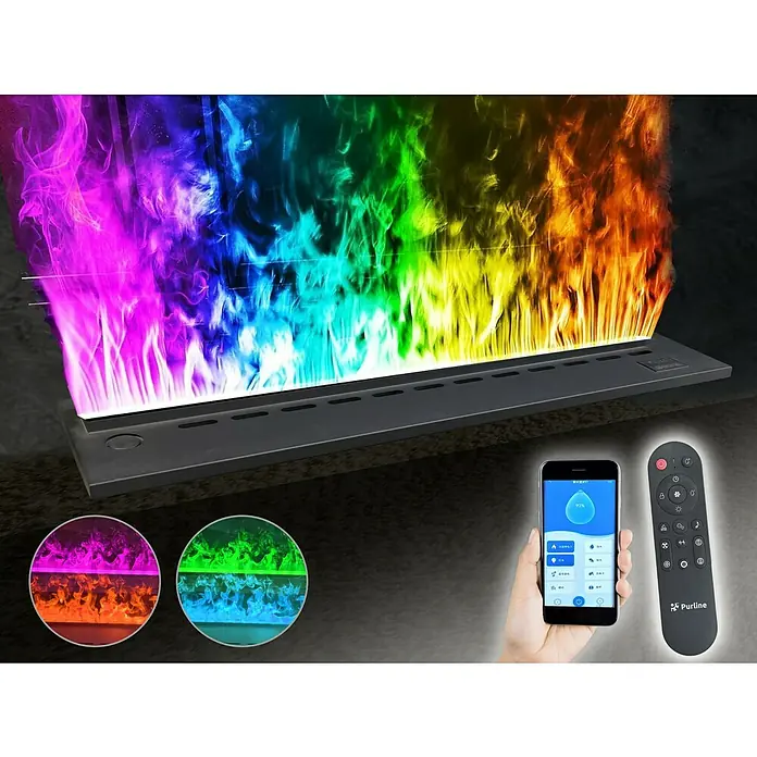Purline Chimenea eléctrica Firecool Colors 100 - Negro, 100 cm - Chimenea bio Purline con colores arcoíris, controlada por app y mando a distancia. Ambiente cálido y atmósfera acogedora.