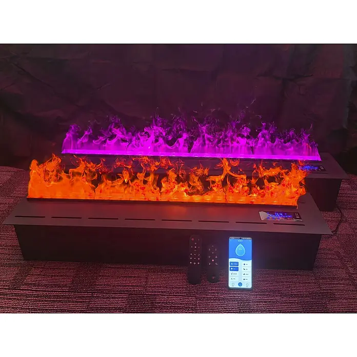 Purline Chimenea eléctrica Firecool Colors 100 - Negro, 100 cm - Una elegante chimenea eléctrica con llamas simuladas en naranja y morado, controlada mediante una app de smartphone.