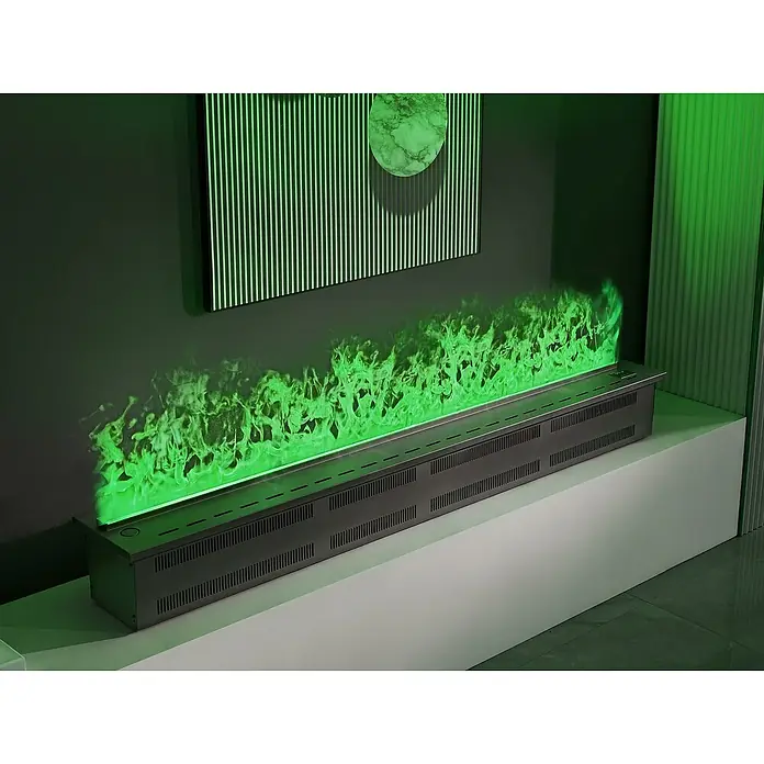 Purline Chimenea eléctrica Firecool Colors 200 - 200 cm - Chimenea moderna de etanol con efecto de llama verde, integrada en una pared oscura y elegante. Ideal para crear un ambiente acogedor.