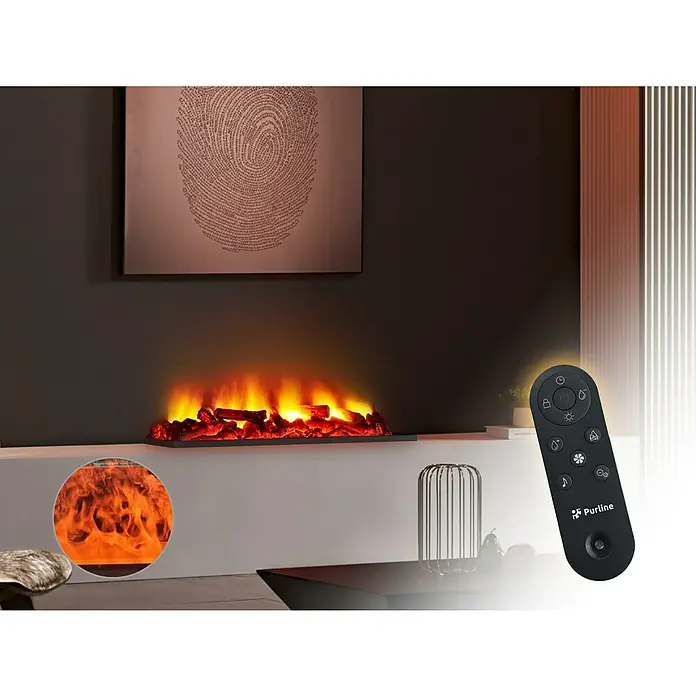 Purline Chimenea eléctrica Firecool Rustic Orange 100 - 100 cm - Primer plano de una chimenea eléctrica PURLINE con efectos de llama realistas y un mando a distancia para un fácil manejo.
