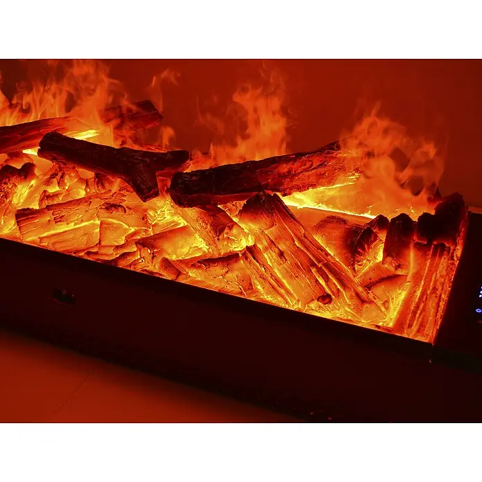 Purline Chimenea eléctrica Firecool Rustic Orange 100 - 100 cm - Primer plano de una chimenea eléctrica con llamas y troncos simulados, creando un ambiente cálido y acogedor.