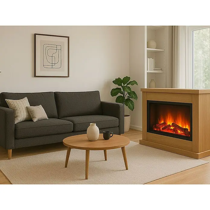 Purline Chimenea eléctrica Firecool Rustic Orange 70 - 70 cm - Una sala de estar con un sofá gris, una mesa de centro y una chimenea eléctrica.