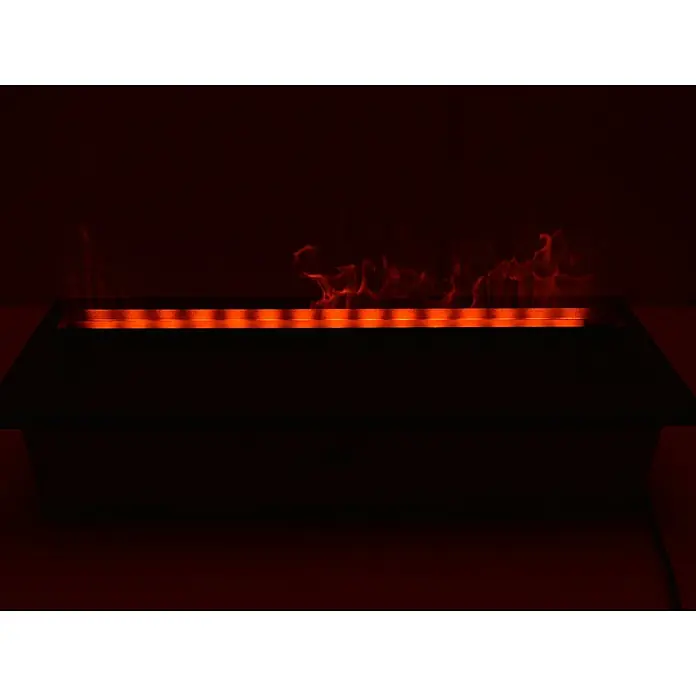 Purline Chimenea eléctrica Firecool Orange 70 - Negro, 110 W, 19 x 70 x 24 cm - Primer plano de una chimenea eléctrica moderna con llamas simuladas, que emite una cálida luz roja.