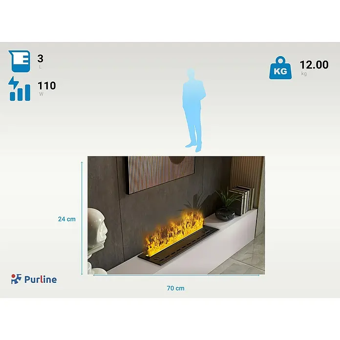 Purline Chimenea eléctrica Firecool Orange 70 - Negro, 110 W, 19 x 70 x 24 cm - Imagen del producto de una chimenea de bioetanol Purline con dimensiones de 70 cm x 24 cm y especificaciones como capacidad y potencia.