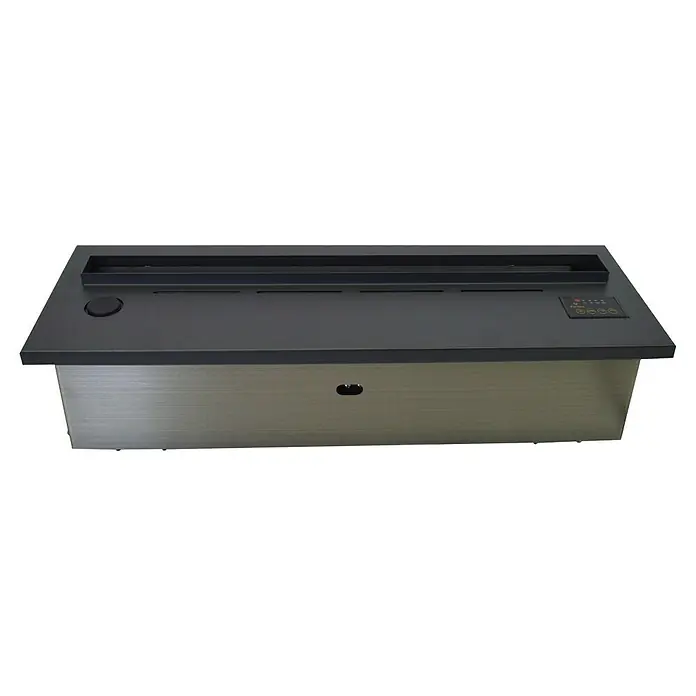 Purline Chimenea eléctrica Firecool Orange 70 - Negro, 110 W, 19 x 70 x 24 cm - Primer plano de una moderna chimenea electrónica de etanol con un elegante diseño negro y detalles en tono plateado.