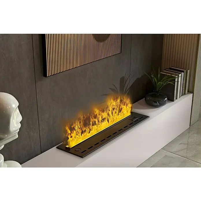 Purline Chimenea eléctrica Firecool Orange 70 - Negro, 110 W, 19 x 70 x 24 cm - Primer plano de una elegante chimenea de bioetanol con llamas realistas, integrada en un moderno salón con arte y decoración.