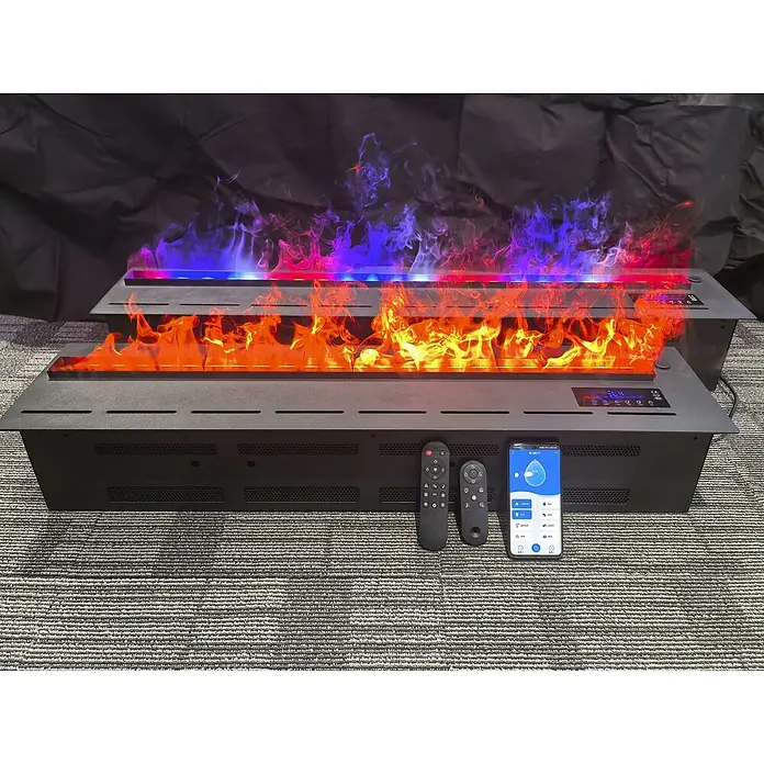 Purline Chimenea eléctrica Firecool Colors 200 - 200 cm - La imagen muestra dos chimeneas eléctricas modernas con llamas simuladas en naranja y azul, creando un ambiente acogedor.