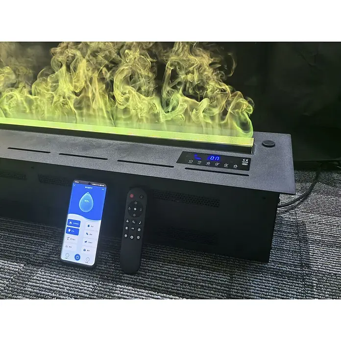Purline Chimenea eléctrica Firecool Colors 150 - Negro, 150 cm - La imagen muestra una chimenea moderna con llamas virtuales, controlada por una aplicación y un control remoto.