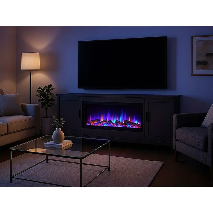 Purline Chimenea eléctrica Firecool Colors 70 - Negro, 70 cm - Una sala de estar moderna con una elegante chimenea eléctrica debajo de una gran televisión, creando un ambiente acogedor.