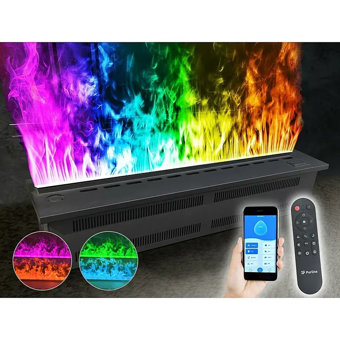 Purline Chimenea eléctrica Firecool Colors 70 - Negro, 70 cm - Chimenea eléctrica moderna con colores arcoíris y control remoto para un ambiente acogedor.