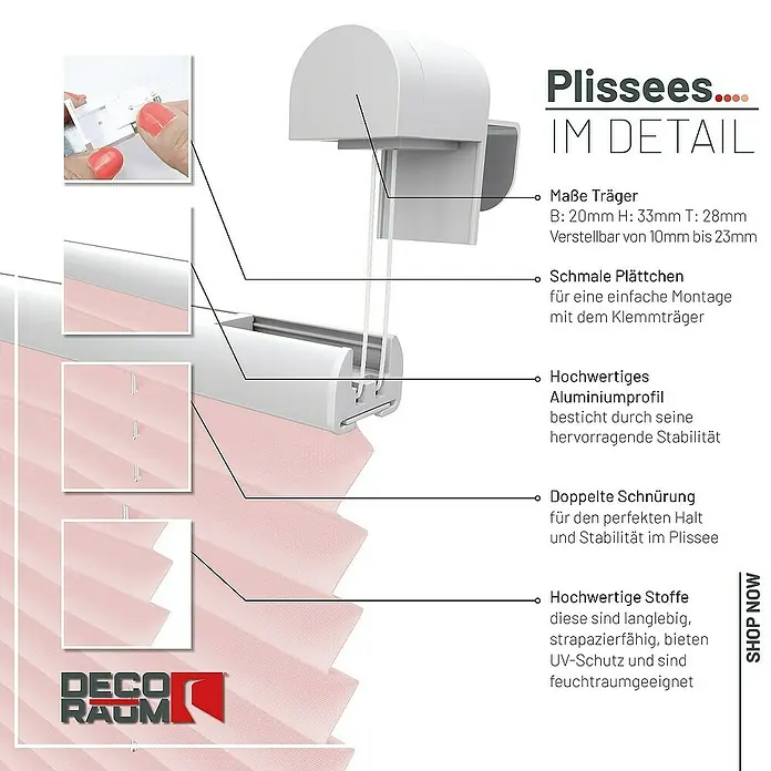 Deco-Raum Plissee ohne Bohren Basic - B x H: 50 x 150 cm, Rosa - Detailansicht eines Plissees mit Erläuterungen zu Maßen, Material und Eigenschaften wie UV-Schutz.