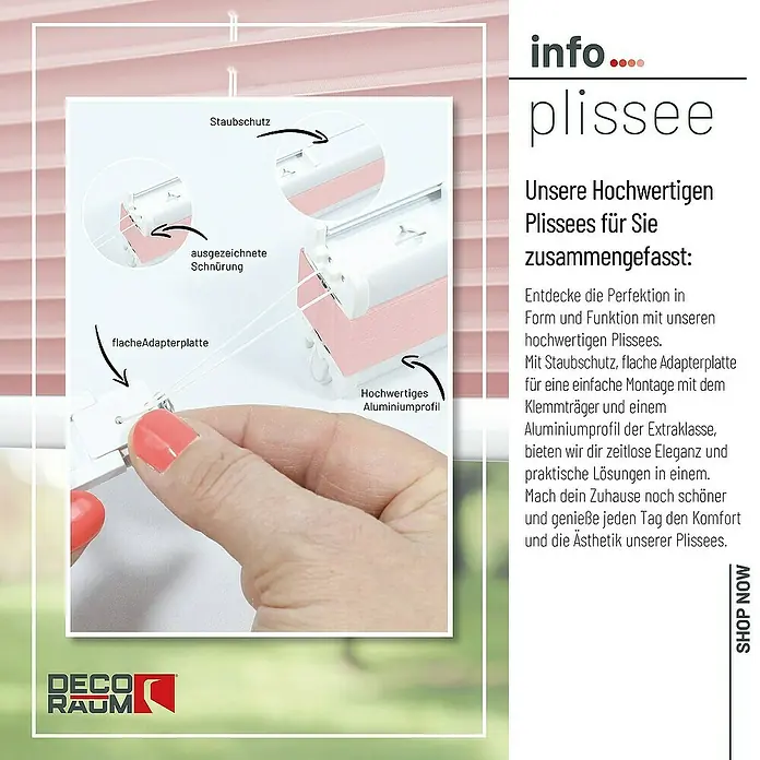 Deco-Raum Plissee ohne Bohren Basic - B x H: 50 x 150 cm, Rosa - Nahaufnahme eines beigefarbenen Deco Raum Plissees mit Detailinformationen zu Schnüren, Staubschutz und Aluminiumprofil.
