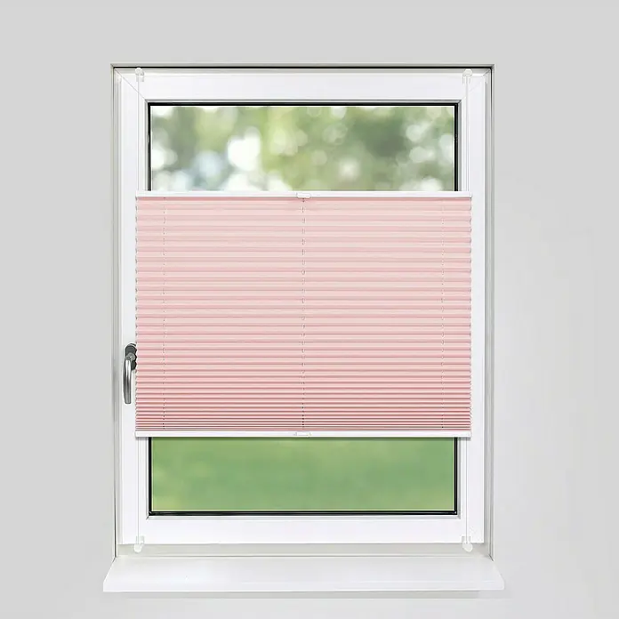 Deco-Raum Plissee ohne Bohren Basic - B x H: 50 x 150 cm, Rosa - Ein Fenster mit einem rosa Plissee, das einen Teil des Fensters bedeckt und für Privatsphäre sorgt. Die sanfte Farbe bringt einen Hauch von Wärme in den Raum.