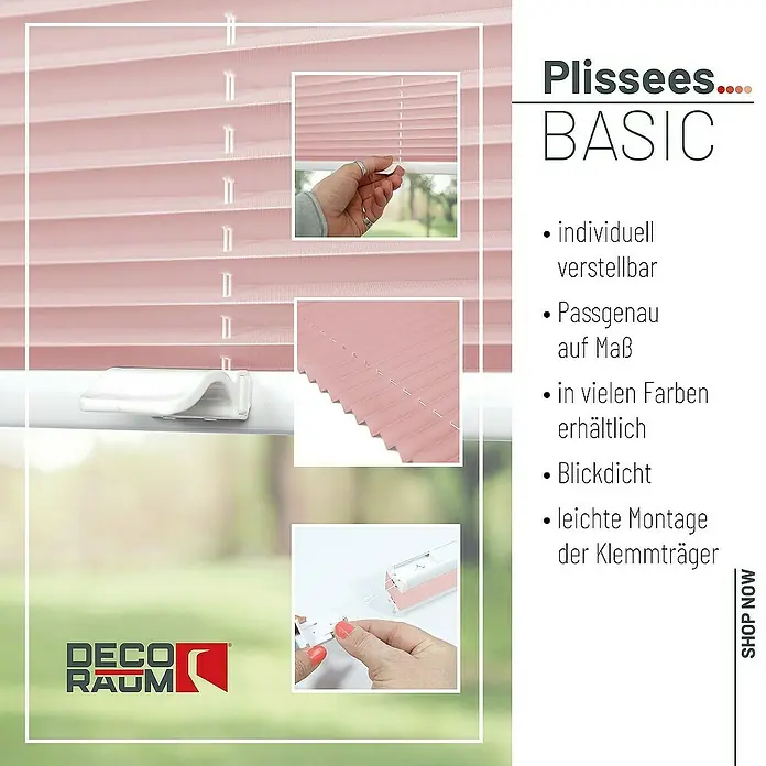 Deco-Raum Plissee ohne Bohren Basic - B x H: 50 x 150 cm, Rosa - Nahaufnahme eines rosafarbenen Plissee-Rollos mit Bedienungsanleitung und Montageanleitung.