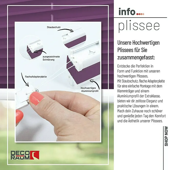 Deco-Raum Plissee ohne Bohren Basic - B x H: 105 x 150 cm, Lila - Detailaufnahme eines Plissee-Rollos mit Fokus auf Staubschutz, Adapterplatte und hochwertiges Aluminiumprofil.