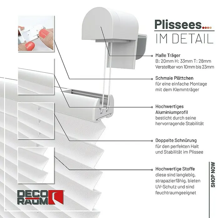 Deco-Raum Plissee ohne Bohren Basic - B x H: 85 x 210 cm, Weiß - Detailansicht eines Plissees mit Hinweisen auf die Maße, Montage, das Aluminiumprofil, die Schnürung und die hochwertigen Stoffe.