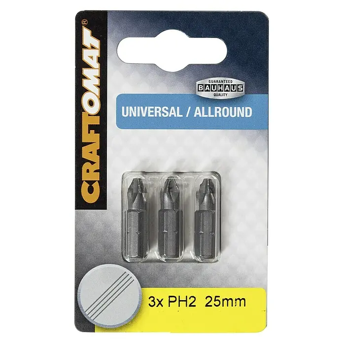 Craftomat Bit Standard - PH 2, 25 mm, 3 -tlg. - Packung mit drei Craftomat Universal/Allround PH2 25mm Bits. Ideal für Schraubarbeiten im Haushalt und Werkstatt mit Bauhaus Qualitätsgarantie.