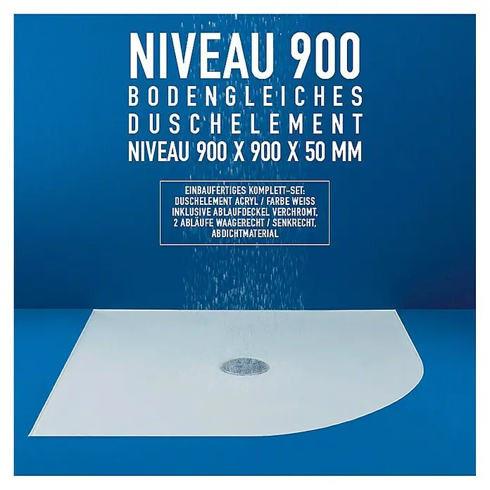 Duschelement Niveau - 90 x 90 cm, Rund, Sanitäracryl, Weiß - Produktabbildung: NIVEAU 900, ein bodengleiches Duschelement aus Acryl, Farbe Weiss, inklusive Ablaufdeckel, 2 Abläufe und Abdichtmaterial.