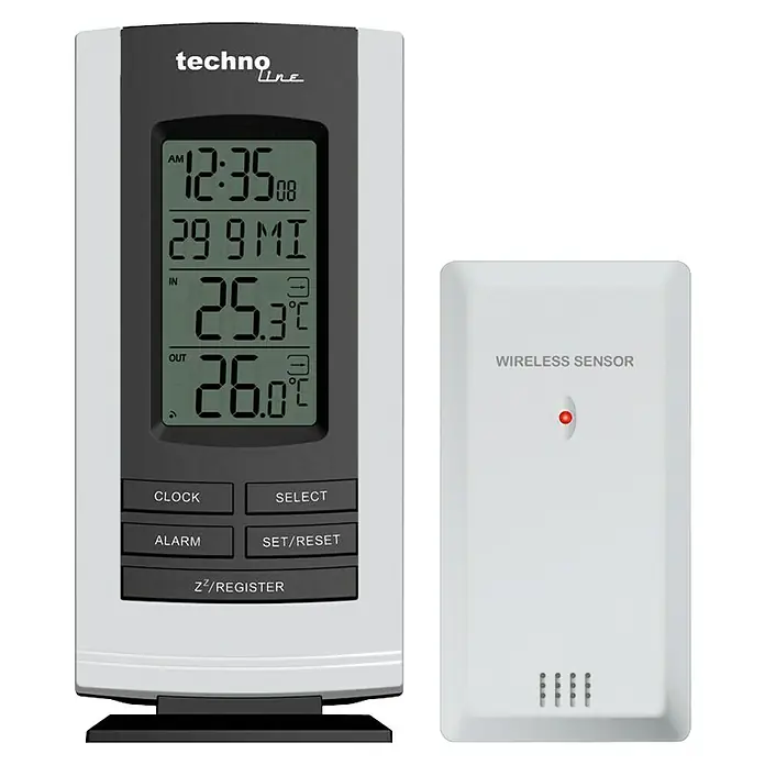 Wetterstation WS 9180 - Reichweite ca.: 30 m, Batteriebetrieben - Wetterstation Techno Line mit digitaler Anzeige von Innen- und Außentemperatur sowie Funksensor für präzise Messungen.