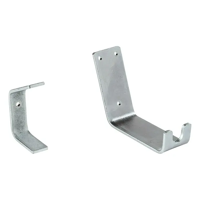 Stabilit Fahrradhalterung - 11,6 x 5 x 10,7 cm, Belastbarkeit: 100 kg - Das Bild zeigt zwei verzinkte Wandhaken unterschiedlicher Größe mit Löchern zur Befestigung.