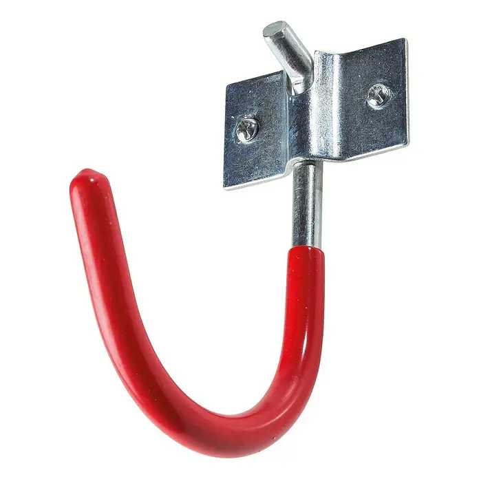 Stabilit Schwenkbarer Haken - 8 x 12,5 cm, Belastbarkeit: 20 kg, Kunststoffbeschichtet - Ein Wandhaken mit einer roten, gummierten Hakenstange und einer verzinkten Wandhalterung. Ideal für die Aufbewahrung von Gegenständen.