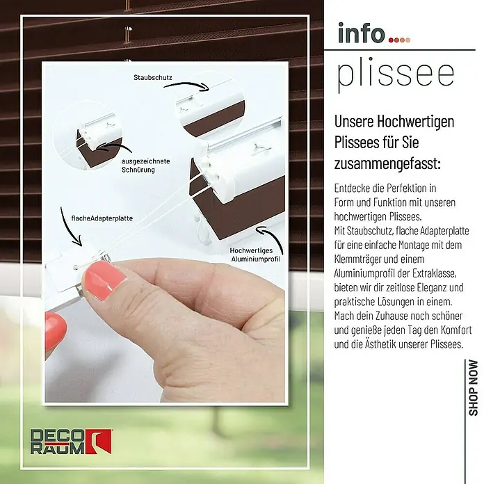 Deco-Raum Plissee ohne Bohren Basic - B x H: 85 x 210 cm, Dunkelbraun - Nahaufnahme eines braunen Plissee-Rollos, das die Komponenten Staubschutz, flache Adapterplatte und hochwertiges Aluminiumprofil hervorhebt.