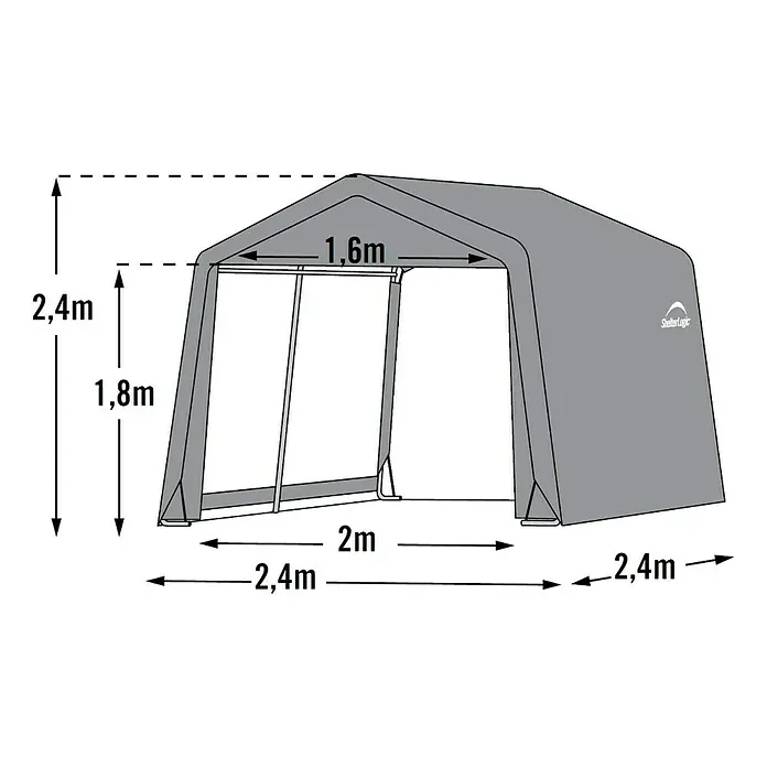 ShelterLogic Gerätehaus - Außenbreite inkl. Dachüberstand: 240 cm, Außentiefe inkl. Dachüberstand: 240 cm, Stahl, Grün - Abbildung eines ShelterLogic-Unterstands mit Größenangaben. Ideal für den Schutz von Fahrzeugen und Geräten vor Witterungseinflüssen.