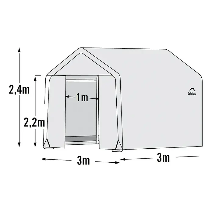 ShelterLogic Gewächshaus - Außenmaß inkl. Dachüberstand (B x T): 300 x 300 cm, Grau, Grundfläche: 9 m² - Abbildung eines ShelterLogic-Zeltes mit den Maßen 2,4 m Höhe, 1 m Breite und 3 m Länge.