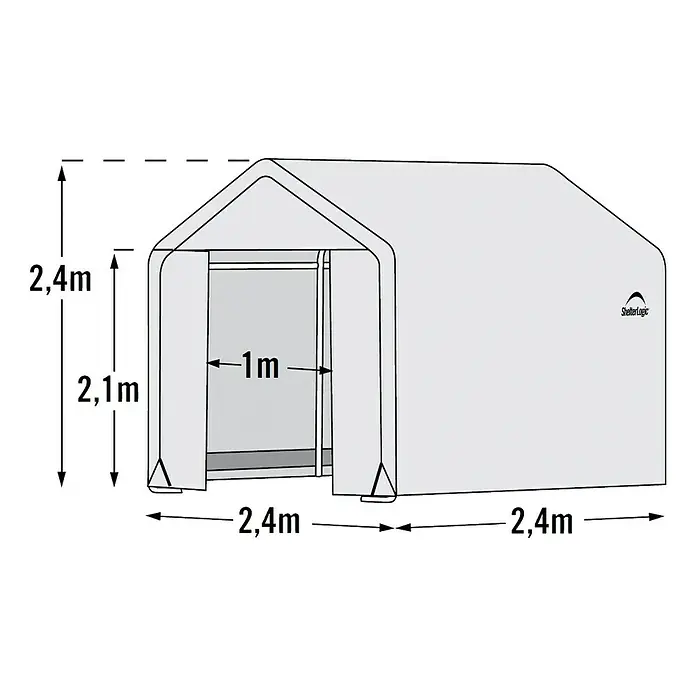 ShelterLogic Gewächshaus - Außenmaß inkl. Dachüberstand (B x T): 240 x 240 cm, Grau, Grundfläche: 5,76 m² - Abbildung eines grauen ShelterLogic-Lagerschuppens mit Maßangaben für Höhe, Breite und Türöffnung.