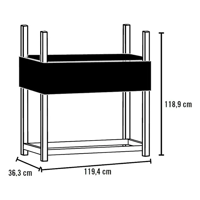 ShelterLogic Kaminholzregal - 119,4 x 36,3 x 119 cm, Stahl, Schwarz - Abbildung eines schwarzen Pflanzgefäßes mit den Maßen 118,9 cm Höhe, 119,4 cm Breite und 36,3 cm Tiefe.