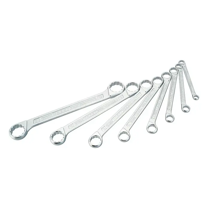Hazet Doppelringschlüssel-Satz 610N/8RS - 8 -tlg., Schlüsselweite: 6 mm - 22 mm - Ein Satz von sieben silberfarbenen Maulschlüsseln, die von groß nach klein aufgereiht sind.