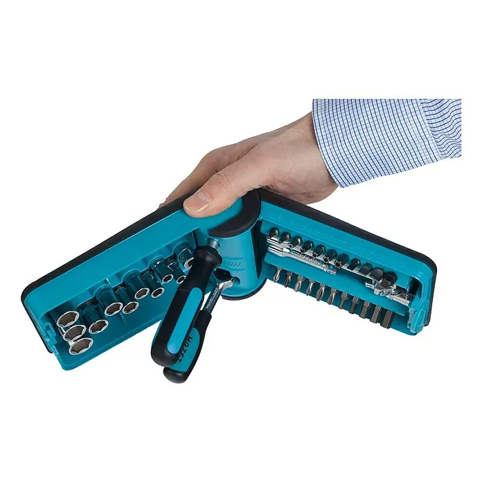 Hazet Steckschlüssel-Set 856-1 - 38 -tlg., Antriebsgröße: ¼″ - Das HAZET 810 SPC/39 Werkzeugset, präsentiert in einer geöffneten turquoisefarbenen Box mit diversen Steckschlüsseln und Bits, ideal für präzise Arbeiten.