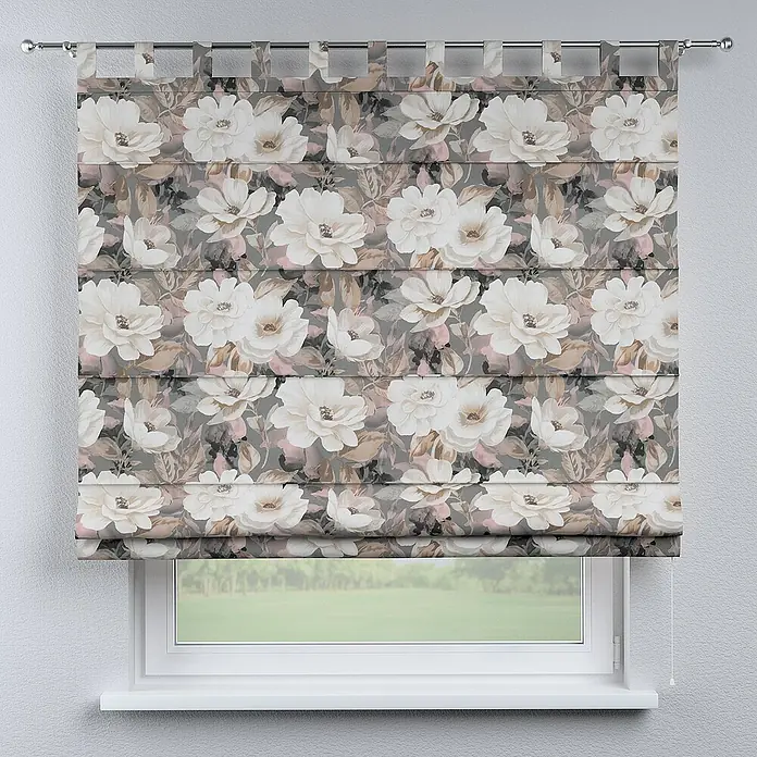 Dekoria Raffrollo - B x H: 100 x 170 cm - Florale Fensterjalousie mit weißen Blüten und grauem Hintergrund. Die Jalousie sorgt für Privatsphäre und verleiht dem Raum eine elegante Note.