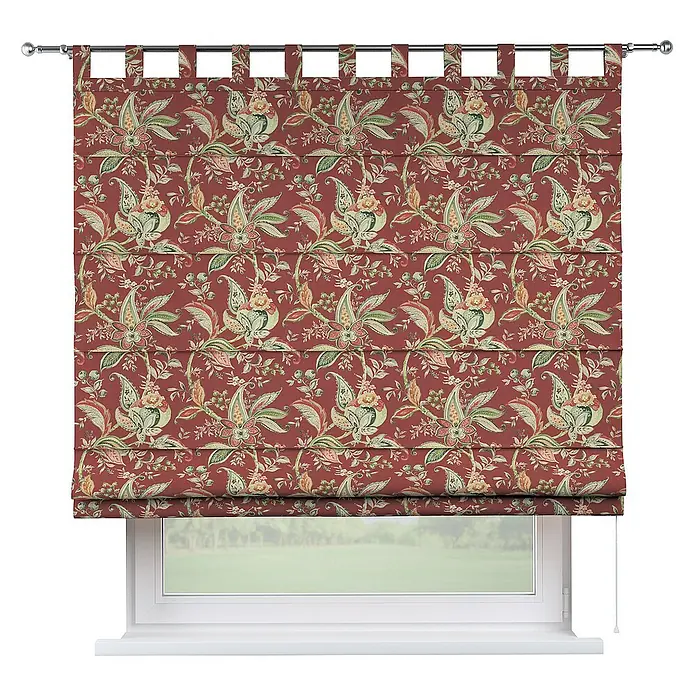 Dekoria Raffrollo - B x H: 130 x 170 cm - Diese Abbildung zeigt eine dekorative, rote Floral-Rollgardine, die ein Fenster schmückt und für Privatsphäre sorgt.