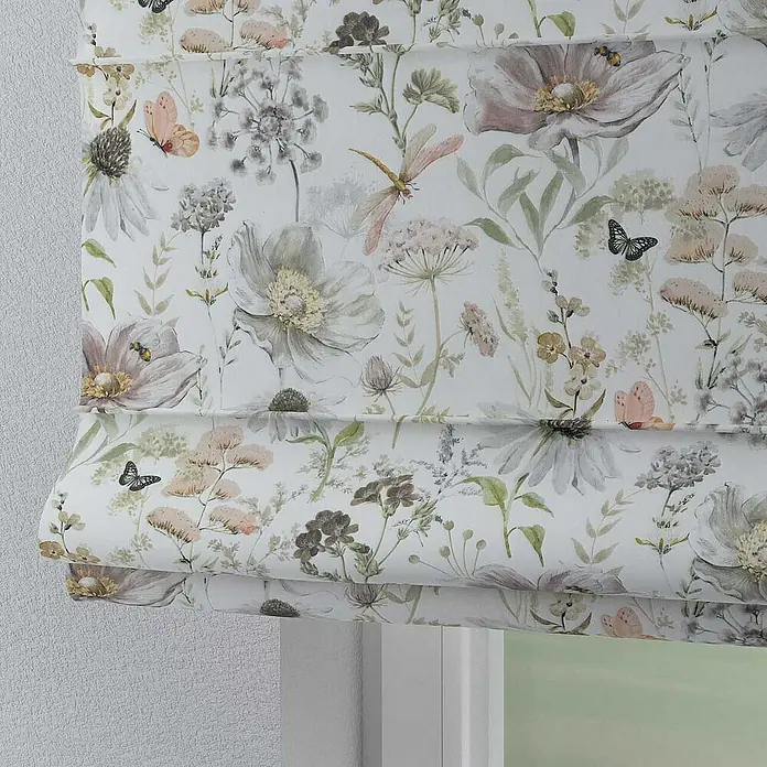 Dekoria Raffrollo - B x H: 100 x 170 cm - Detailaufnahme eines stilvollen Rollos mit einem eleganten Blumenmuster, das eine ruhige und natürliche Atmosphäre in den Raum bringt.