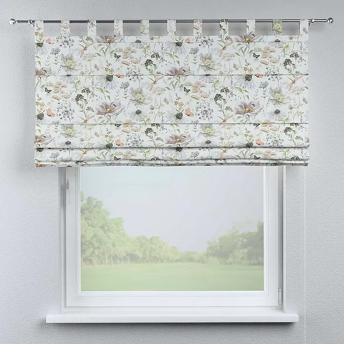 Dekoria Raffrollo - B x H: 100 x 170 cm - Ein floral bedrucktes Römisches Rollo mit Schlaufenaufhängung vor einem Fenster. Die Blumenmuster verleihen dem Raum eine natürliche Ästhetik.
