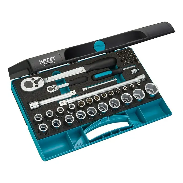 Hazet Steckschlüssel-Set 953 SPC - 47 -tlg., Antriebsgröße: ½″ - Hazet 953 SPC Werkzeugsatz mit Ratschen, Schraubendrehern und Steckschlüsseln in einem blauen Koffer.