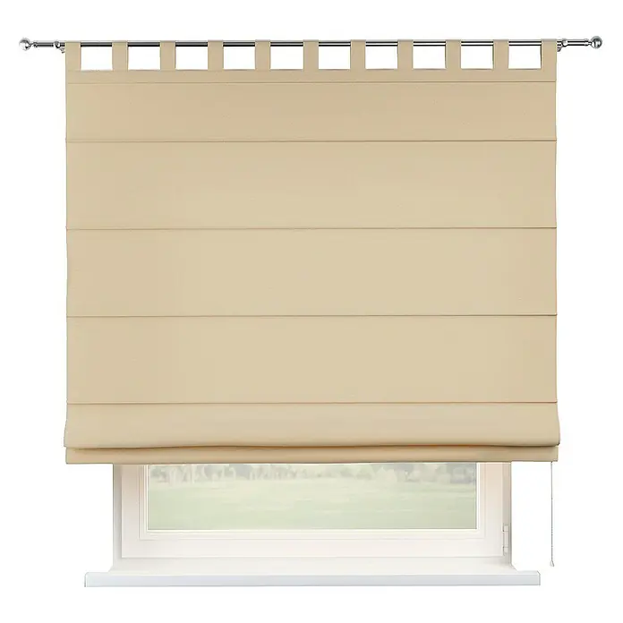 Dekoria Raffrollo - B x H: 120 x 160 cm - Beige Raffrollos mit Schlaufenaufhängung vor einem Fenster mit Blick ins Grüne für eine gemütliche Atmosphäre und stilvolle Fensterdekoration.