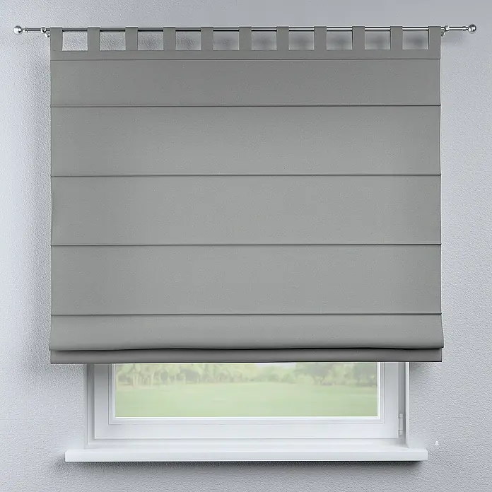 Dekoria Raffrollo - B x H: 120 x 160 cm - Graue Raffrollos mit geraden Paneelen hängen an einer Metallschiene vor einem Fenster und bieten Privatsphäre und Stil.