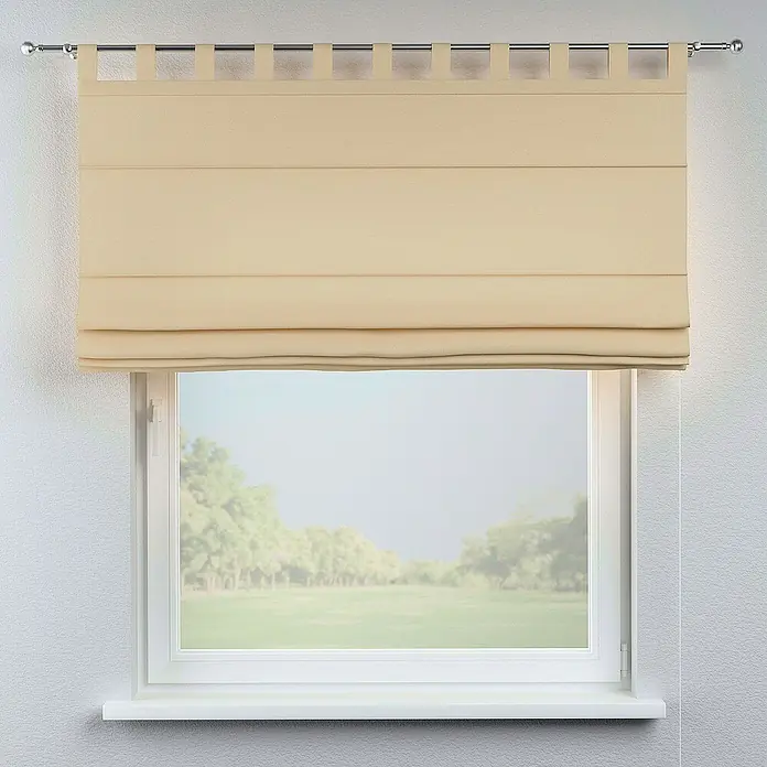 Dekoria Raffrollo - B x H: 120 x 160 cm - Beigefarbene Raffrollos mit Schlaufenaufhängung vor einem Fenster.