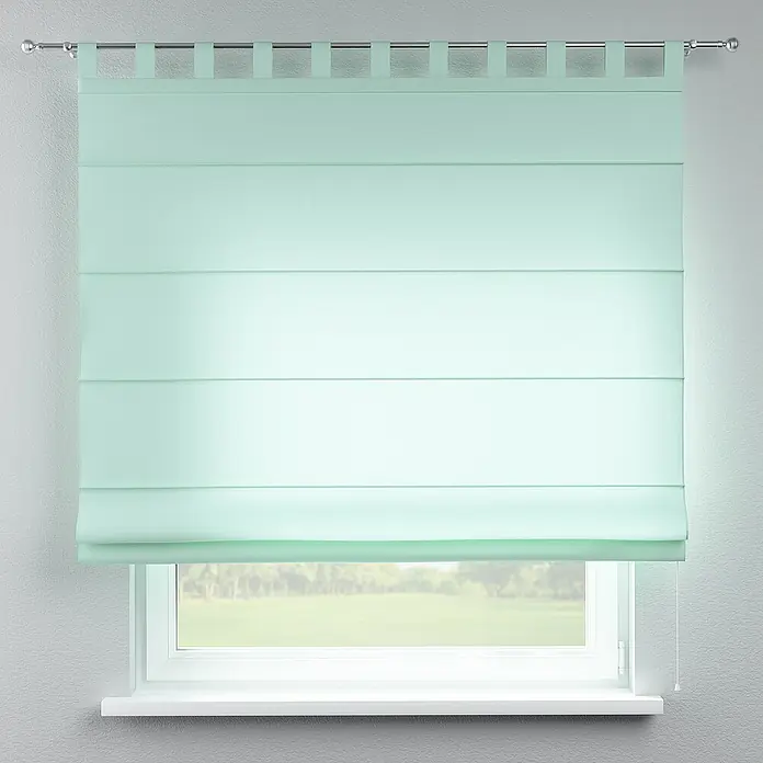 Dekoria Raffrollo - B x H: 130 x 170 cm - Mintfarbenes Faltrollo mit Schlaufenaufhängung vor einem Fenster, das Tageslicht hereinlässt, für eine sanfte Lichtsteuerung im Raum.