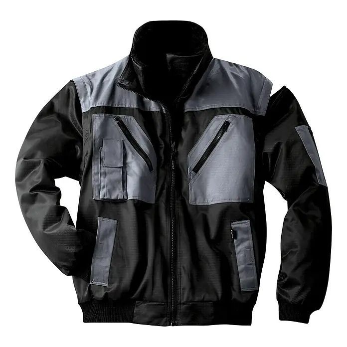 Elutex Piloten-Blouson 4in1 - Schwarz/Grau, XXL - Abbildung einer schwarzen und grauen Arbeitsjacke mit mehreren Taschen und einem Reißverschluss. Sie ist ideal für Handwerker.