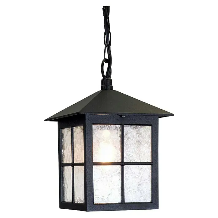 Elstead Pendelleuchte Winchester - 60 W, Farbe Gehäuse: Schwarz, 18,5 x 18,5 x 40 cm, Ohne Leuchtmittel - Nahaufnahme einer schwarzen, hängenden Außenleuchte mit klaren Glasscheiben und Kettenaufhängung, ideal für die Beleuchtung von Veranden.