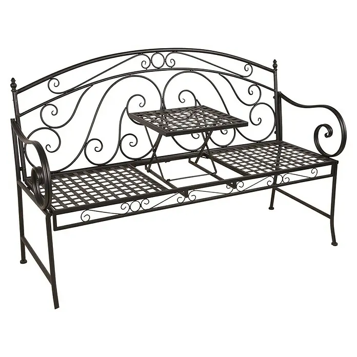 Garden Pleasure Gartenbank Saket mit hochklappbarem Tisch - B x T x H: 148 x 55 x 96 cm, Stahl, Schwarz - Abgebildet ist eine dekorative Gartenbank aus Metall mit integriertem Tisch, ideal für entspannte Stunden im Freien.